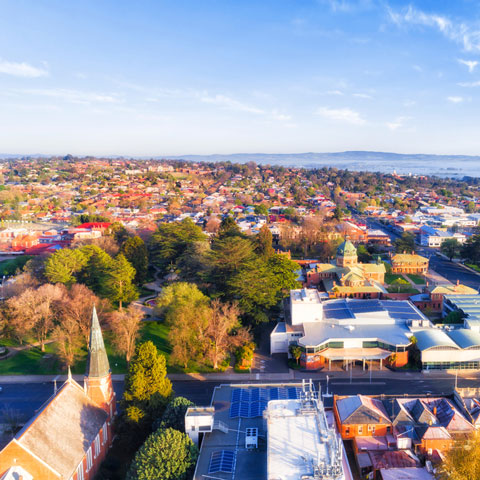 Bathurst town downtown in wide scenic valley of Australian NSW Western plains.