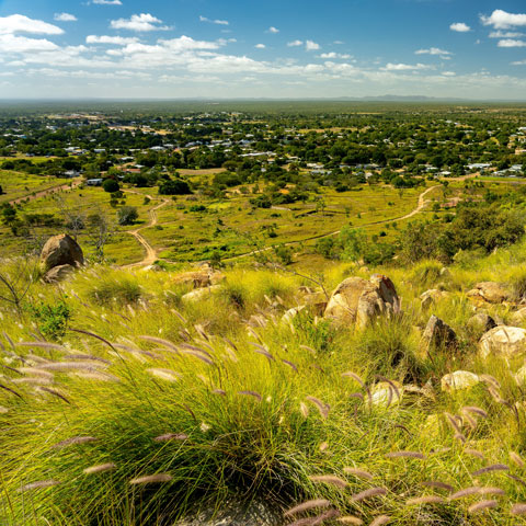 Wide shot taken from the top of Towers Hill lookout point overlooking the town of Charters Towers.