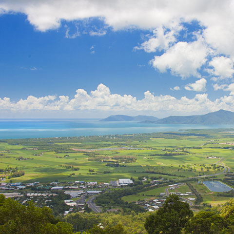 View of the city of Cairns and surrounding area, taken from the Kuranda lookout on a sunny day.