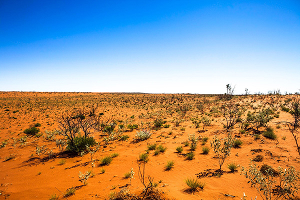 An image of red desert and blue sky in Western Australia near the old Canning Sock Route.