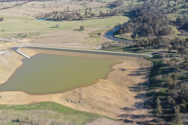 Aerial view of 300 megalitre off-stream storage dam at Walacha.