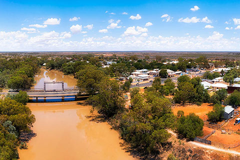 A road bridge across the Darling River at Wilcannia in north-west New South Wales.