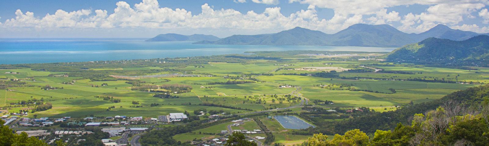 View of the city of Cairns and surrounding area, taken from the Kuranda lookout on a sunny day.